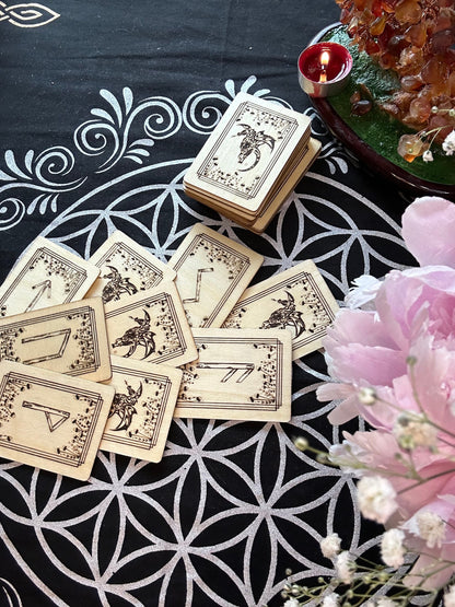 Rune Card Deck with Mushrooms - Wooden Cards in Leather Box with Beginner's Guide