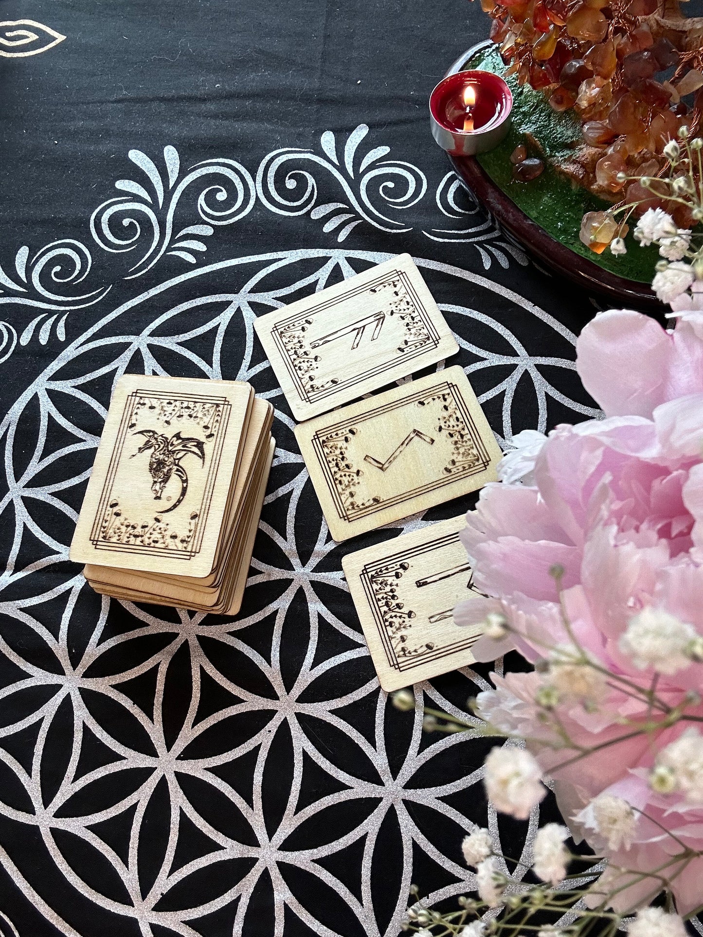 Rune Card Deck with Mushrooms - Wooden Cards in Leather Box with Beginner's Guide