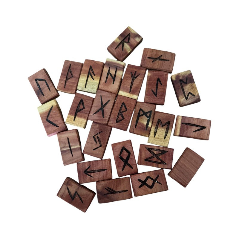 Cedar Wood Runes Set with Interpretation Guide - 25 Elder Futhark Runes