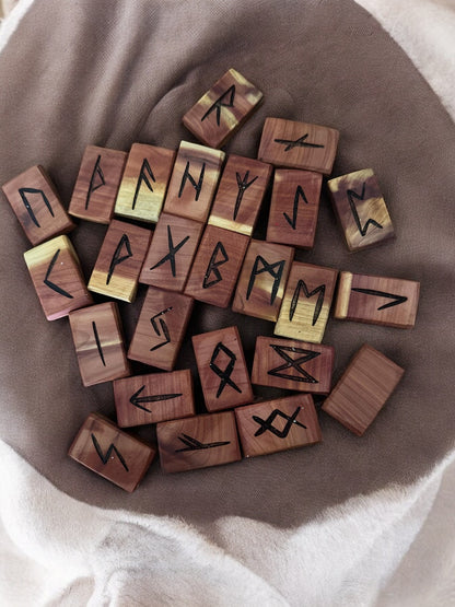 Cedar Wood Runes Set with Interpretation Guide - 25 Elder Futhark Runes