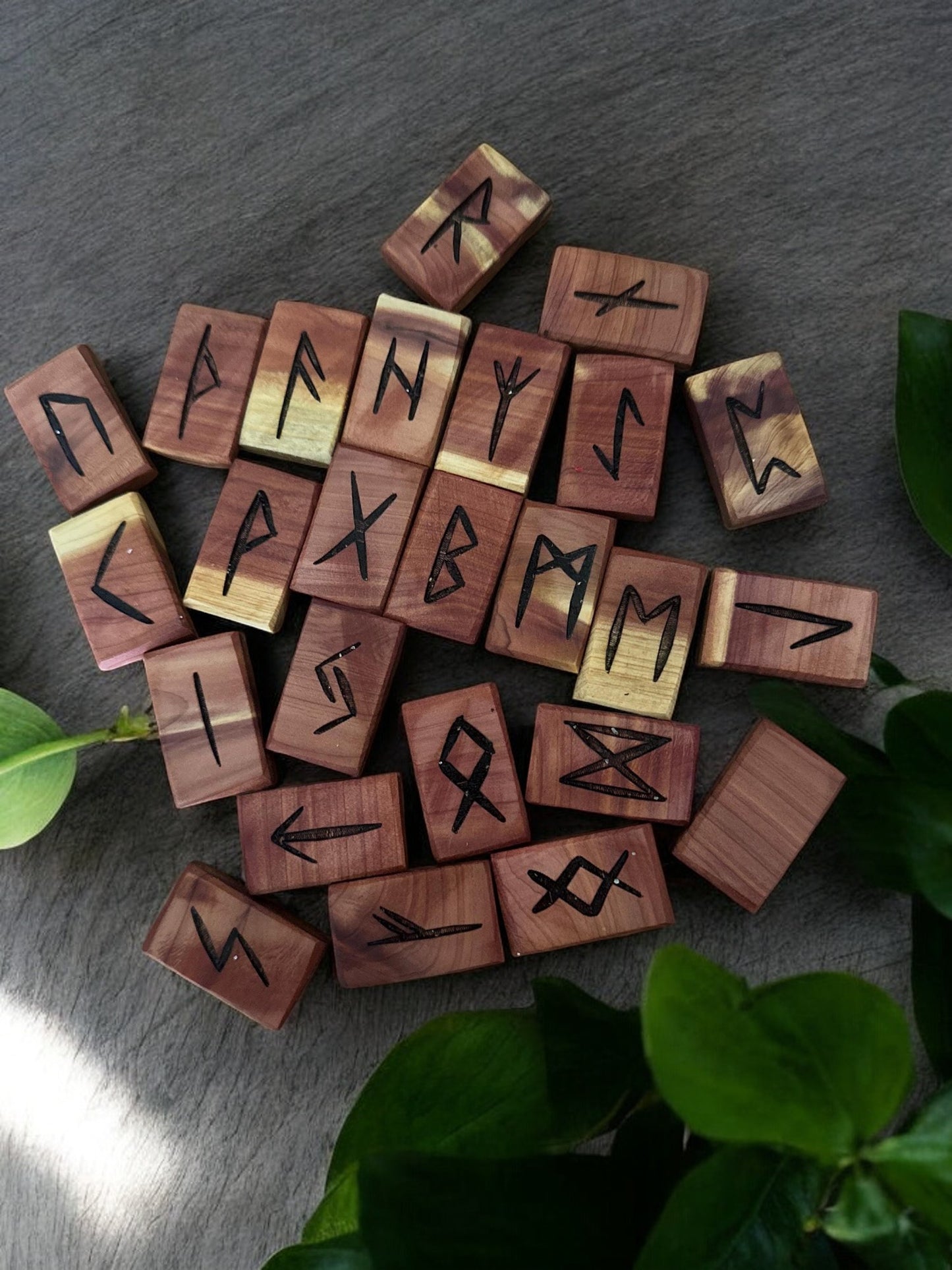 Cedar Wood Runes Set with Interpretation Guide - 25 Elder Futhark Runes