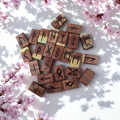 Cedar Wood Runes Set with Interpretation Guide - 25 Elder Futhark Runes