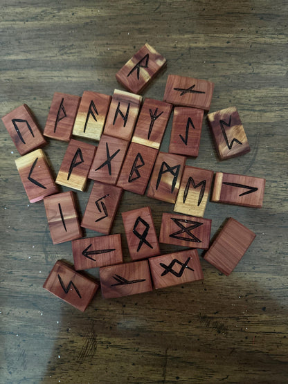 Cedar Wood Runes Set with Interpretation Guide - 25 Elder Futhark Runes