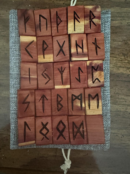 Cedar Wood Runes Set with Interpretation Guide - 25 Elder Futhark Runes