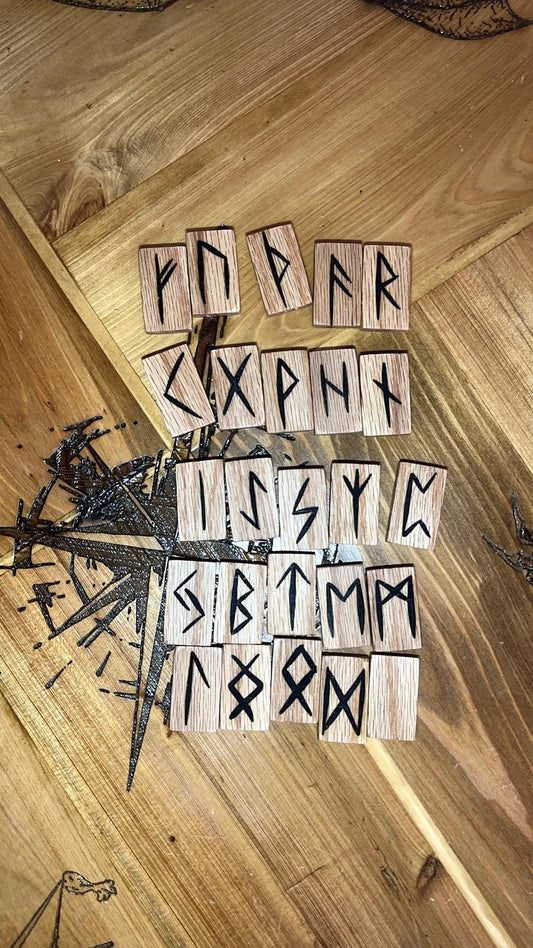 Oak Wood Runes Set with Interpretation Guide - 25 Elder Futhark Runes