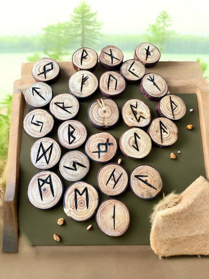 Pine Tree Wood Runes Set with Interpretation Guide - 25 Elder Futhark Runes