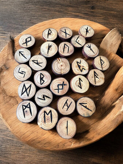 Pine Tree Wood Runes Set with Interpretation Guide - 25 Elder Futhark Runes