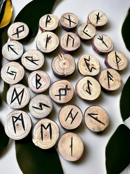 Pine Tree Wood Runes Set with Interpretation Guide - 25 Elder Futhark Runes