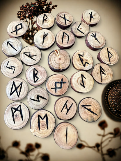 Pine Tree Wood Runes Set with Interpretation Guide - 25 Elder Futhark Runes