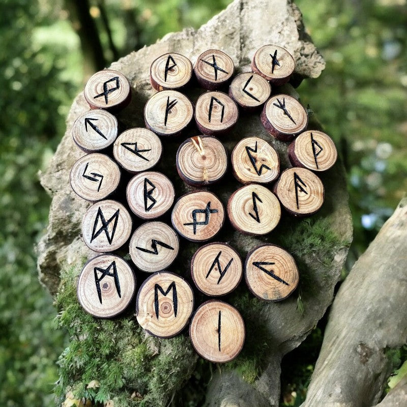 Pine Tree Wood Runes Set with Interpretation Guide - 25 Elder Futhark Runes