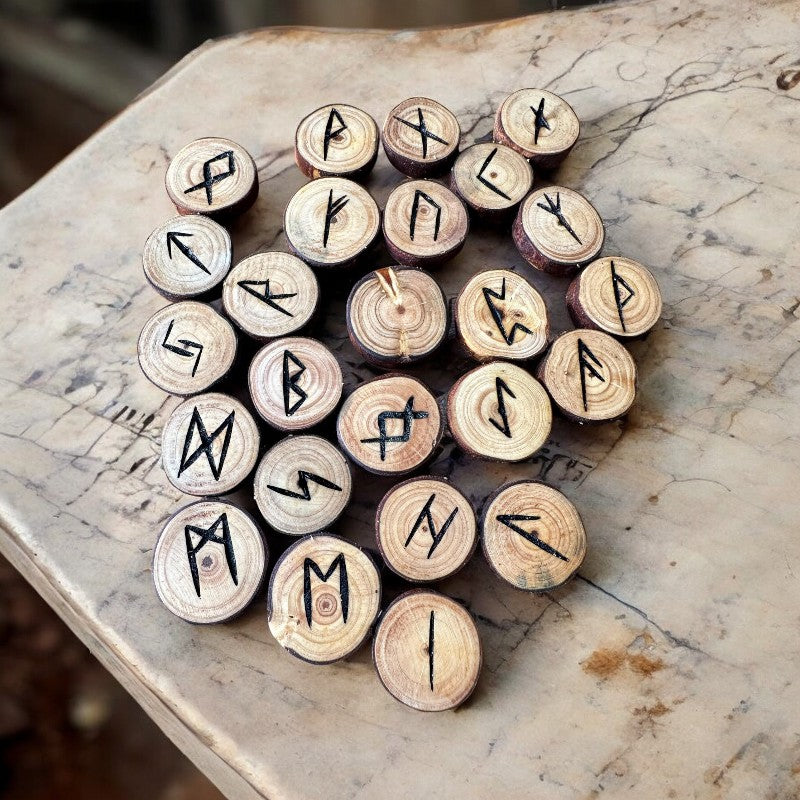 Pine Tree Wood Runes Set with Interpretation Guide - 25 Elder Futhark Runes