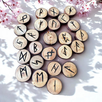 Pine Tree Wood Runes Set with Interpretation Guide - 25 Elder Futhark Runes